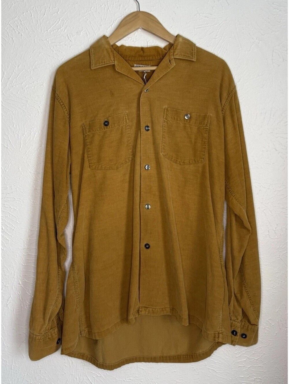 Vintage 60s Corduroy Camp Collar Shirt Men's XL Brown Long Sleeve Button Up